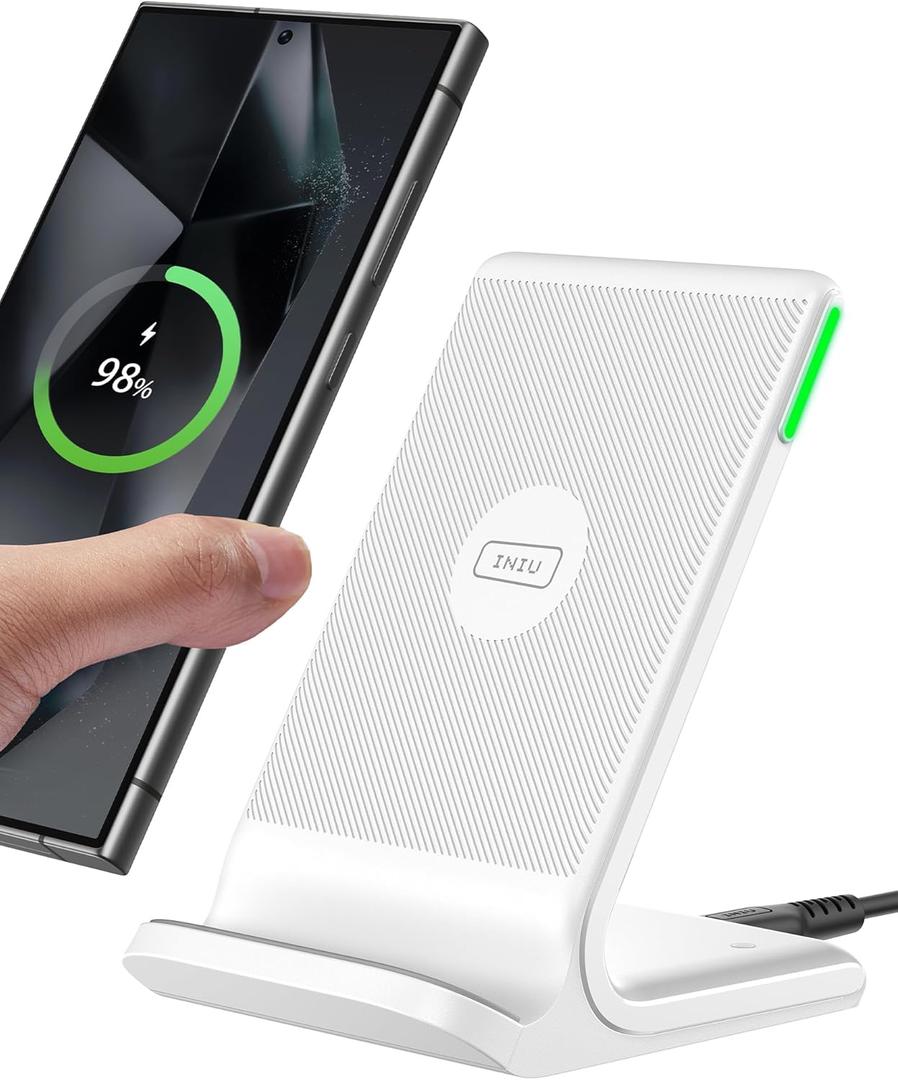INIU Wireless Charger Station, 15W Fast Qi-Certified Wireless Charging Stand for Official and Home Compatible with iPhone 16 15 14 13 12 Pro XS Samsung Galaxy S23 S22 S21 Note 20 Google etc (White)