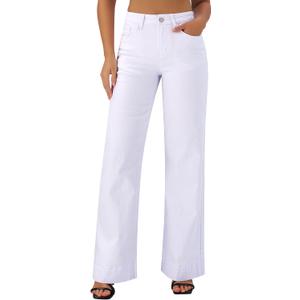 roswear Women's Wide Leg Jeans Casual High Waisted Stretchy Baggy Loose Long Trouser Jeans (Medium, White)