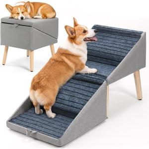 2-in-1 Dog Ramp Ottoman, 17.32" Wooden Pet Stairs for Couch