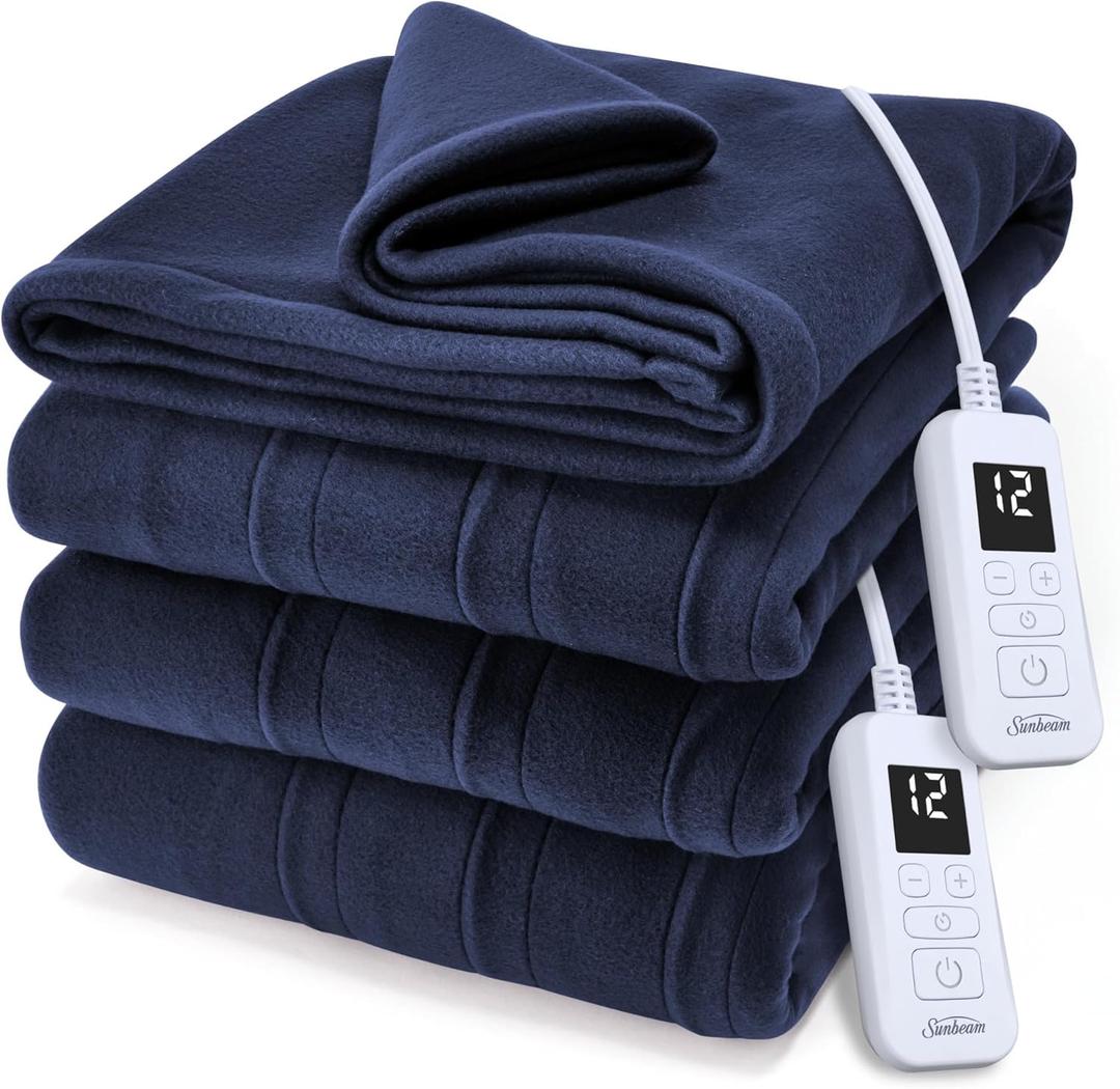 Sunbeam Royal Ultra Fleece Heated Electric Blanket King Size, 90" x 100", 12 Heat Settings, 12-Hour Selectable Auto Shut-Off, Fast Heating, Machine Washable, Warm and Cozy, Indigo
