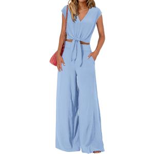 PRETTYGARDEN Women's Summer 2 Piece Outfits 2026 Cap Sleeve V Neck Belted Crop Tops Wide Leg Pant Sets Casual Tracksuit (Blue, M)