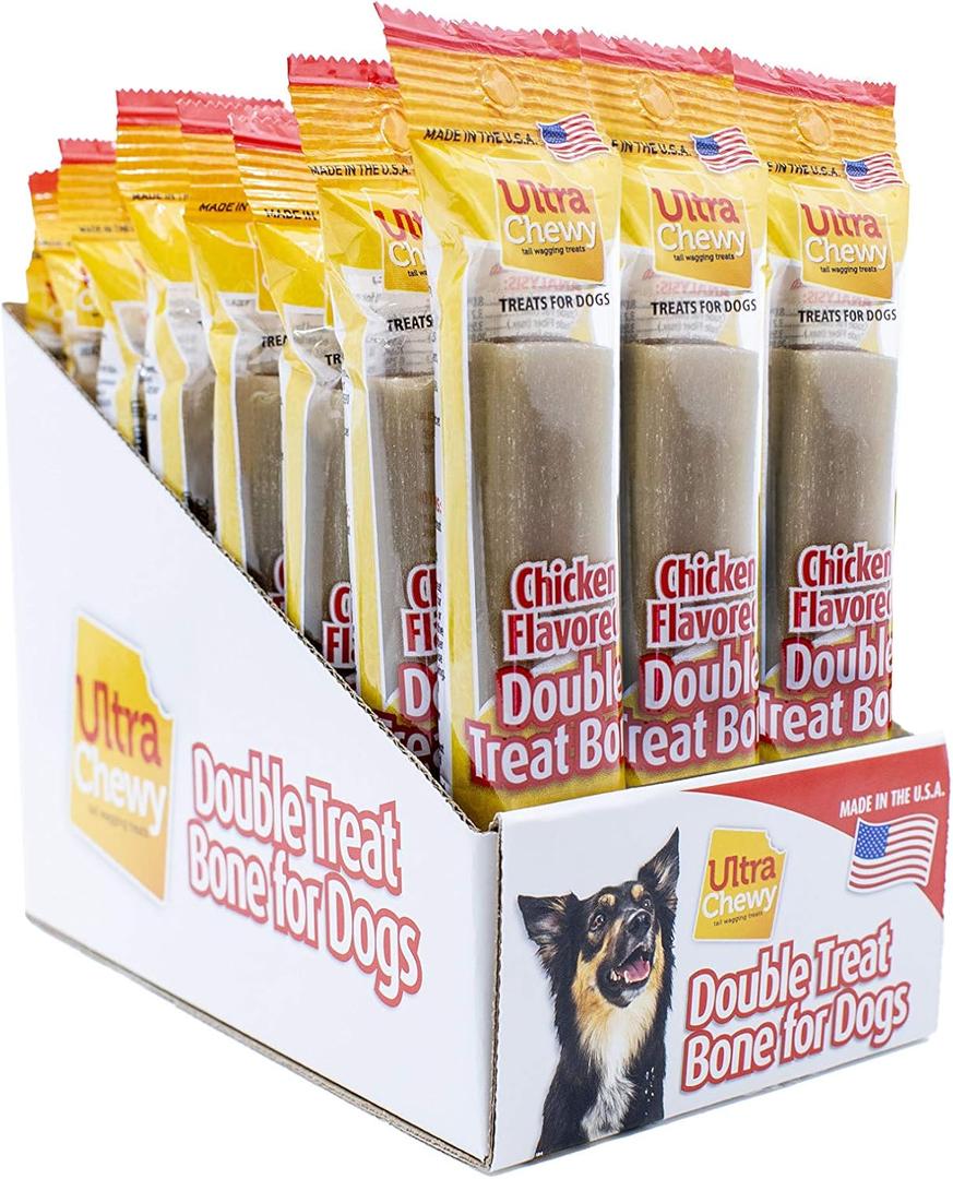 Ultra Chewy Chicken Double Treat Bones Dog Treats, 24 Count Long-Lasting, Made in USA, For Large and Small Breeds, Highly Digestible, Ideal for Aggressive Chewers, Best By: Dec 2027
