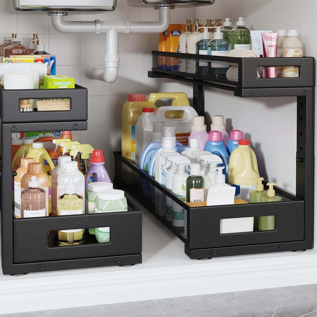 2 Pack 20.47IN Depth Under Sink Storage Organizer, Large 2-Tier Elegant Mesh Pull Out Shelf for Kitchen and Bathroom Cabinet Organization, L-Shaped and Adjustable Height Design-Black