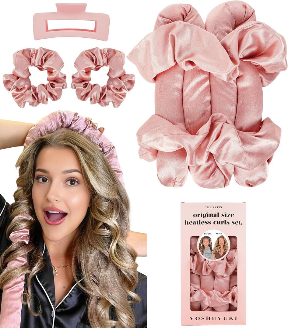 Heatless Curls Overnight Hair Curler to Sleep in Soft Large Jumbo Hair Rollers Flexi Rods for Long Hair Blowout Look Big Curl, No Heat Overnight Curls Satin Heatless Curling Rod Set with Claw Clip, Pink