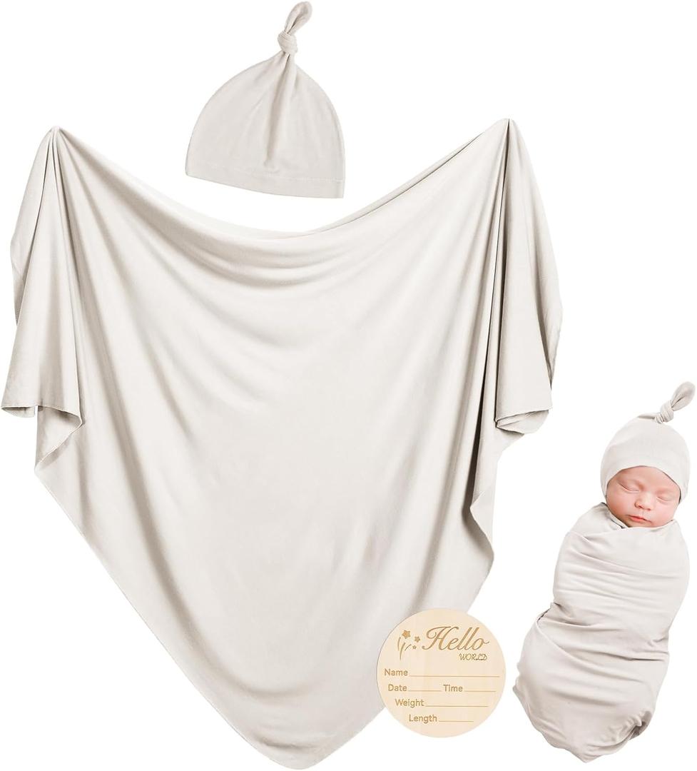 Rayon Made from Bamboo Newborn Swaddle Blanket Set with Matching Beanie, Super Soft Stretchy Baby Clothes Outfit for Girl Boy, Receiving Blankets Newborn Essentials, 35 x 35 Inch (Oat) Rayon Made from Bamboo Newborn Swaddle Blanket Set with Matching Beanie, Super Soft Stretchy Baby Clothes Outfit for Girl Boy, Receiving Blankets Newborn Essentials, 35 x 35 Inch (Oat)