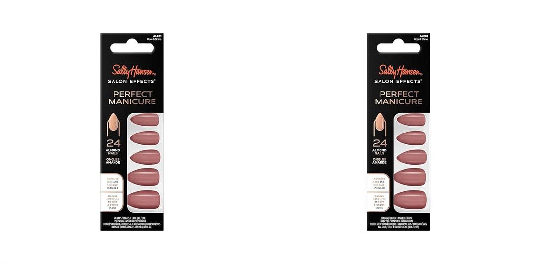 Sally Hansen Salon Effects Perfect Manicure, Rose & Shine, Press On Nails, Almond Shaped, Non-Damaging Adhesive Tabs, File, and Alcohol Pad Included (Pack of 2)