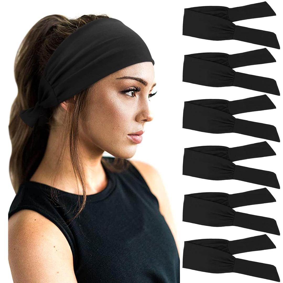 DRESHOW 6 PCS Adjustable Headbands for Women Knotted Headbands Elastic Non-Slip Fashion Hair Bands for Workout Sports Running Yoga (6 Pack O: Plain Black)
