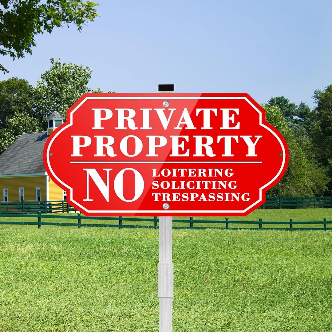Private Property No Soliciting No Trespassing No Loitering Sign for House and Yard 14 x 7 Inches Signs with 28 Inches Long Stake Rust Free Aluminum Metal (Red/White, 14" x 7")