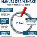 Drain Snake Clog Remover 10 Ft Flexible Metal Plumbing Snake for Sink, Shower, Tub & Bathroom Drain Removes Hair & Grease No Chemical Drain Cleaners Needed
