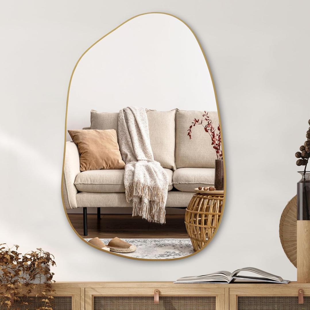 PERFNIQUE Irregular Wall Mirror Asymmetrical Mirror, 40''x26'' Gold Mirror for Bathroom Bedroom Living Room Entryway, Decorative Modern Wall Decor, Wall Mounted (Gold, 40" x 26")