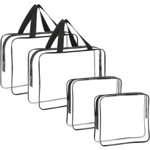 4-Piece Large Makeup Bags - Clear Plastic PVC Tote Bags with Zipper Handle - Portable Travel Luggage Pouch - Airport Airline Vacation Organization (Black)