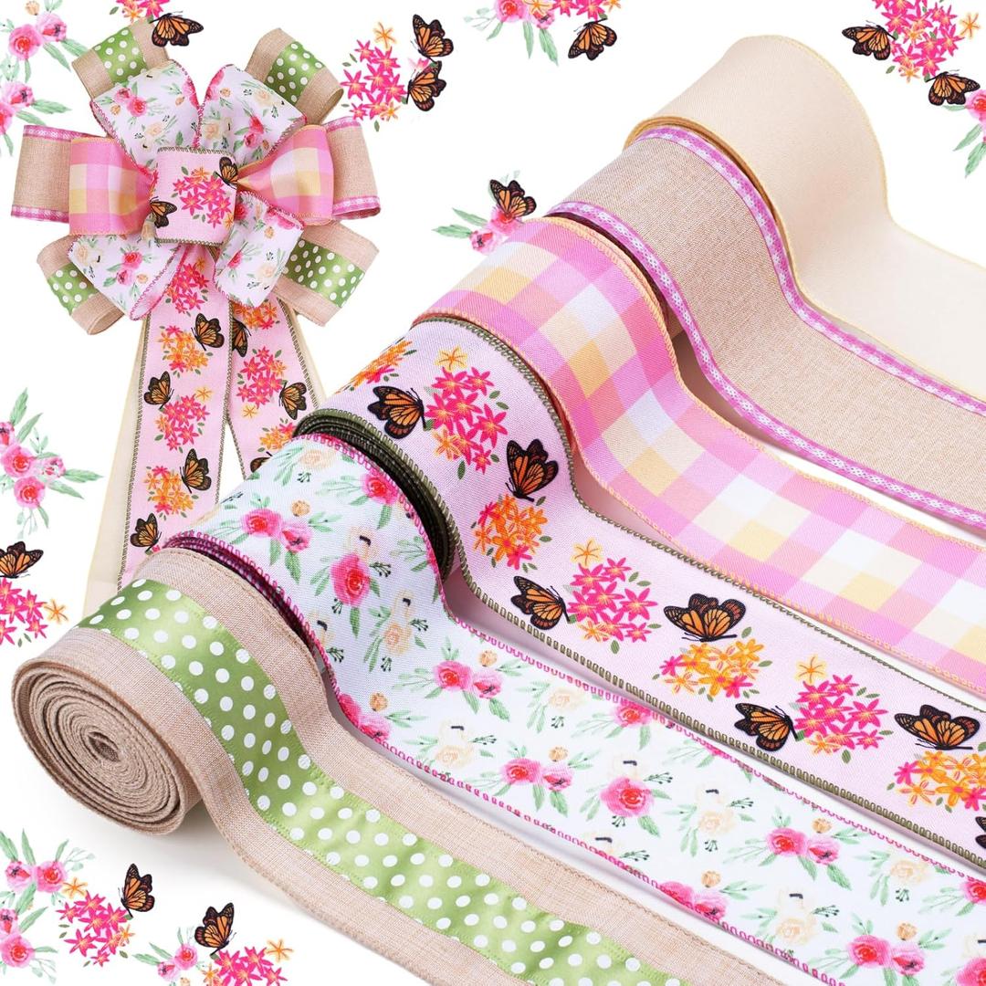 LaRibbons Butterfly Ribbon Wired 6 Rolls 2.5 Inch x 36 Yards TTL, Pink and Green Floral Ribbon with Gingham Plaid and Polka Dot for Spring Summer Mothers Day Crafts Wreath Bow Decoration