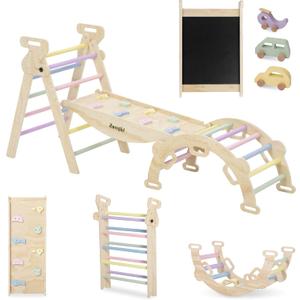 Pikler Triangle Set for Kids, 8-in-1 Kids Indoor Climbing Frame - Wooden Montessori Climber with Slide, Swing & Rock Wall | Space Saving Foldable Toddler Gym | Safe Playset for Toddlers Boys Girls