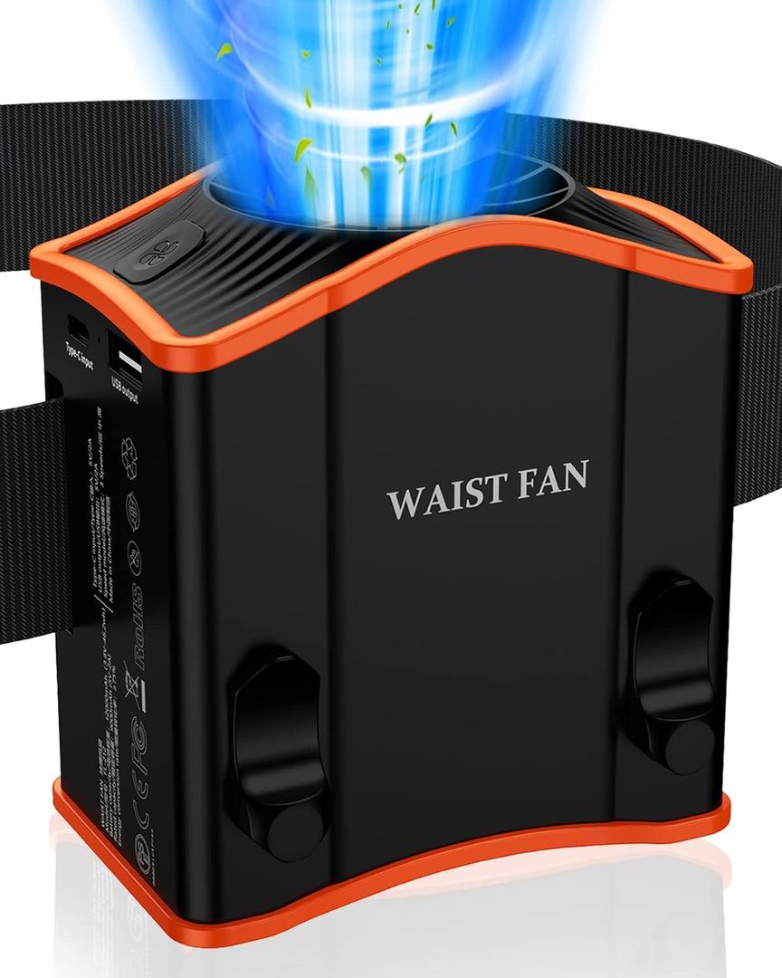 Upgraded Portable Waist Fan with Adjustable Belt,10 Times Strong Wind Waist Clip Fan with 12000mAh Battery Over 40H Working Time, Belt Fan for Outdoor Works,Camping,Travel,Fishing, One size fits all