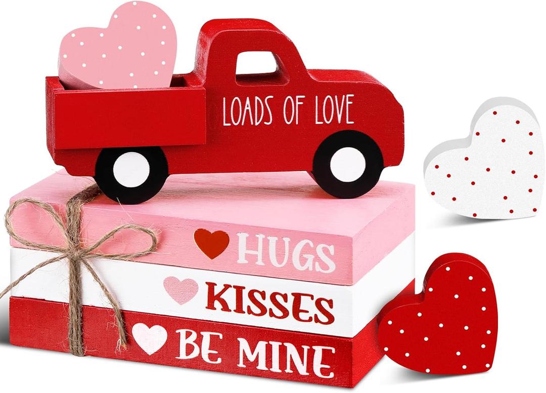 7 Pcs Valentine's Day Table Decorations Valentines Tiered Tray Decor Faux Book Bundle with Twine Red Truck Table Centerpiece Farmhouse Heart Wooden Sign for Home Indoor Party Bookshelf Gift