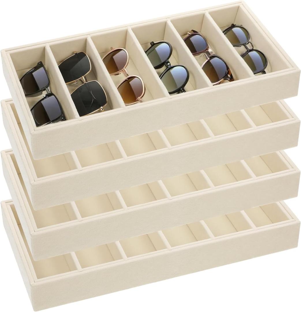 JJUNW 4 Pcs Velvet Sunglasses Organizer Tray, 6 Grids Beige Sunglass Organizer Velvet Tray Stackable Jewelry Display Organizers for Glasses Jewelry Watch Display