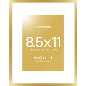 Homeforia 8.5 by 11 Picture Frame Gold, High End Metal 8.5x11 Poster Frames with Mat 6x8 Photo, 8.5 x 11 Frame Matted to 6 x 8 Print, 8.5by11 Wall or Tabletop Frame, Tempered Glass, Wall Kit, Set of 1