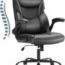 Sweetcrispy Ergonomic Computer Gaming Office Chair, Heavy Duty Task Desk Swivel Rolling Chairs with Wheels, Flip-up Arms, Adjustable Height, PU Leather, Black