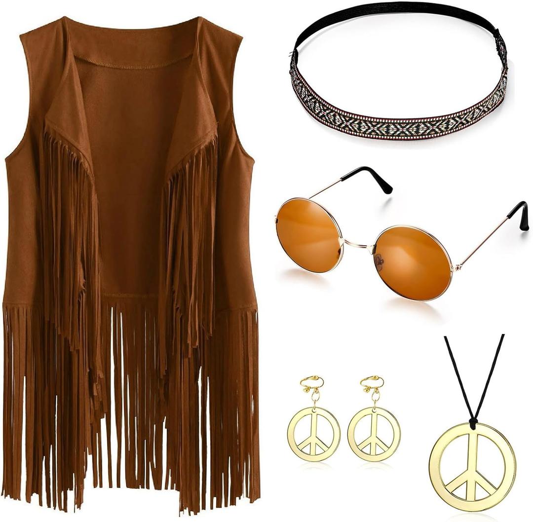 60s 70s Outfits for Women Party Accessories Peace Sign Earring Headband Fringe Vest Tassel Cardigan (Small, Khaki)
