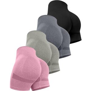CHRLEISURE Women's 4 Packs Workout Gym Shorts, High Waisted Butt Lifting Scrunch Butt Seamless Booty Shorts(Black,Dark Grey,Grass Green,Pink,XL)