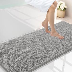 Smiry Luxury Chenille Bathroom Rugs 59x24, Extra Soft and Absorbent Shaggy Bath Mat, Machine Washable, Non-Slip Plush Carpet Runner for Tub, Shower, and Floor, Home Decor Accessories, Light Grey