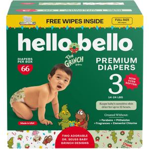Hello Bello Dr. Seuss Baby Grinch Premium Diapers, Size 3 (14-24 lbs), 66ct Plus Bonus Wipes: Softness & Protection for Sensitive Skin 