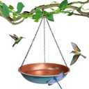 Hanging Bird Bath for Outdoors,11Inch Double Patchwork Birdbath Bowl Window Birds Feeder with 13.5 in Rust-Proof Black Chains Metal Hanging Birds Feeder for Garden Backyard Decor Copper Blue
