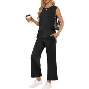 ANRABESS Women's 2 Piece Sets Summer Travel Airplane Outfits Sleeveless Wide Leg Casual Lounge Matching Sweat Set Sweatsuits (Large, Black)