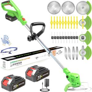 Electric Weed Wacker, 21V Lightweight Cordless Weed Eater Battery Powered with 2X 2.0Ah Batteries and Charger, 26Pcs Metal Blade Weed Whacker, 3-in-1 Grass Trimmer Lawn Edger Brush Cutter for Garden