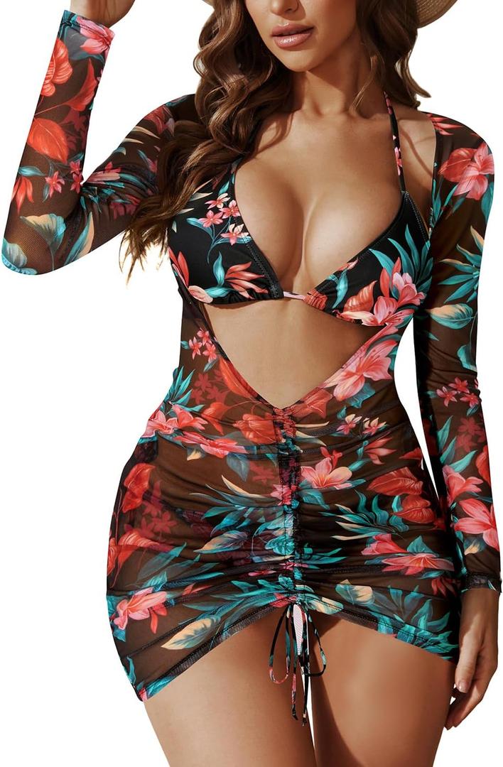 3 Piece Swimsuits Women Bikini Sets Triangle Halter Bathing Suit with Sexy Mesh Beach Cover Up (Black, M)