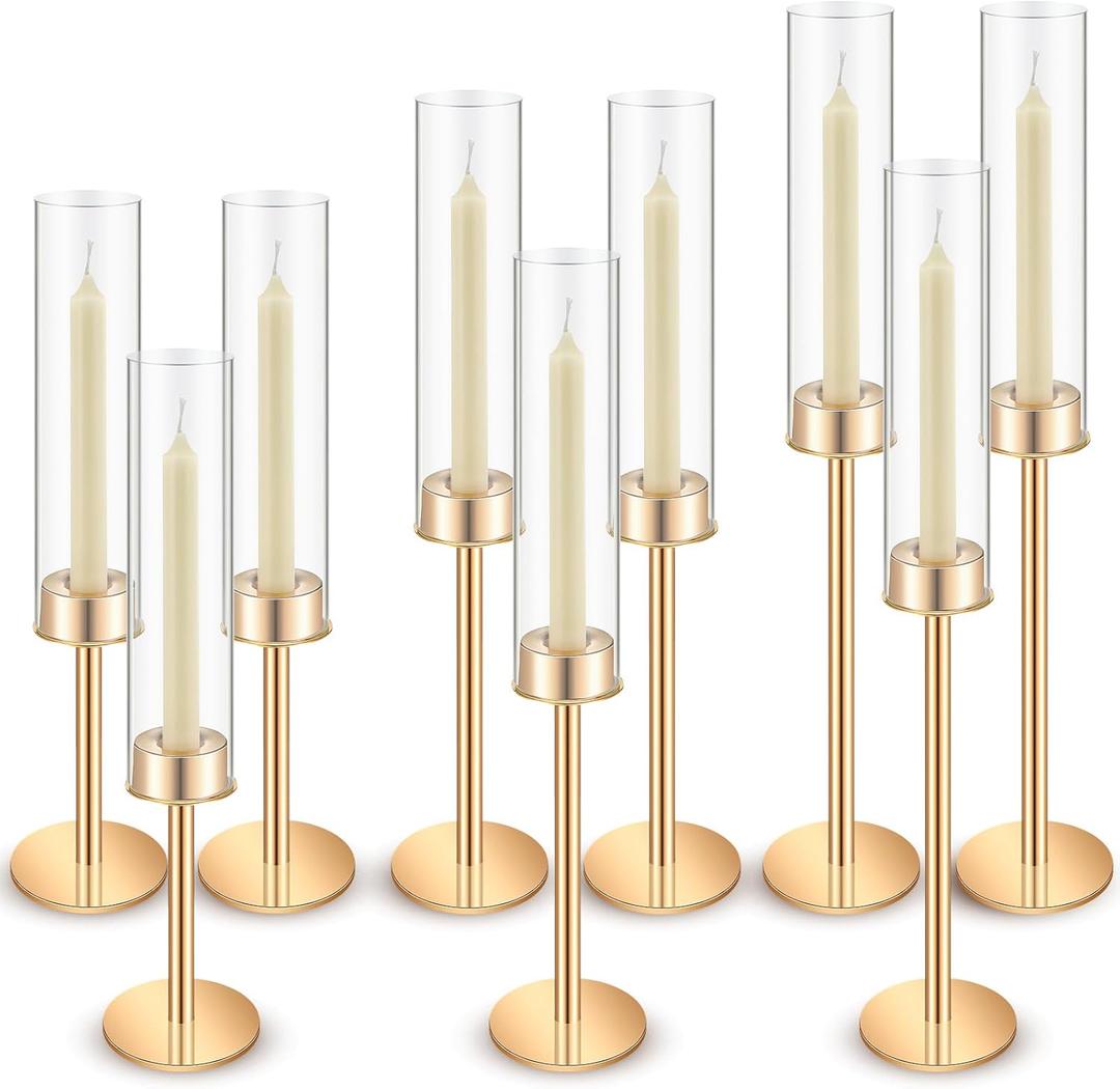 Yungyan 9 Pcs Gold Candlestick Holders Clear Glass Hurricane Candle Holder Bulk Vintage Candelabra Taper Tall Glass Hurricane Candle Cover for Christmas Wedding Table Centerpiece Decor
