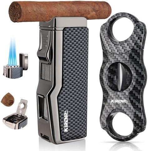 All-in-one Cigar Lighter with V Cigar Cutter, Built-in Cigar Punch, Cigar Holder, Quad Windproof Jet Flame, 4 in 1 Refillable Torch Lighter Set with Gift Box, Cool lighters for Smoking, Birthday