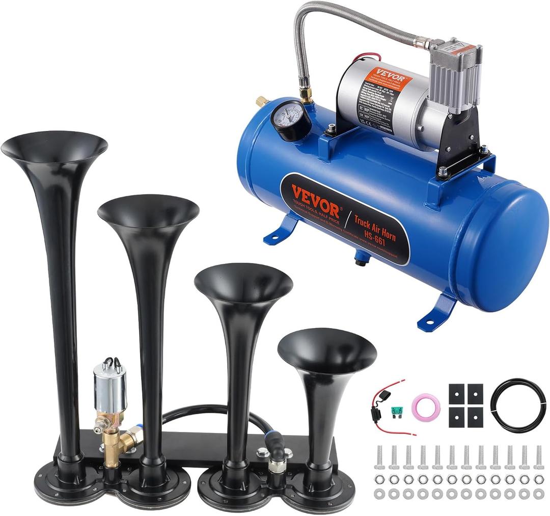 VEVOR 4 Trumpet Air Horn Kit, 150dB Train Horns for Pickup Trucks, 12V 120 psi Air Compressor 1.6 Gal/6 L Tank with Gauge for Any 12V Vehicle Car Truck Train Van Boat (Upgrade)