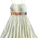 RoseSeek Girl's Floral Embroidery Tiered Summer Dress Sleeveless Ruffle A Line Flowy Short Dress Sundress 15Y