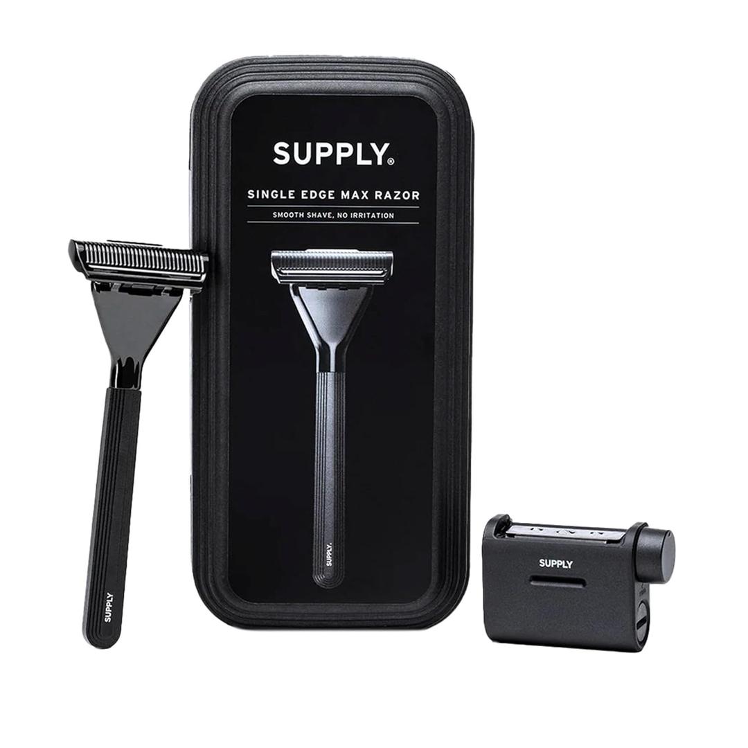 SUPPLY Single Edge Max Razor for Men – Premium Metal Single-Blade Safety Razor with Pivoting Head for Fewer Cuts and Irritation – Includes 8 Blades & Magnetic Reload System – Jet Black