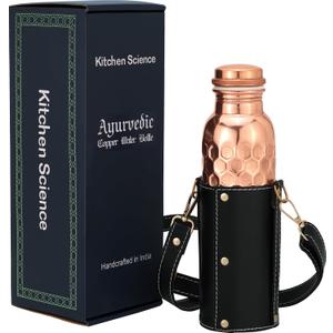 Kitchen Science Authentic Ayurvedic Copper Bottle (34oz/1000ml) Leather Sling for Drinking Water | Lab-Tested, Leak-Proof & Heavy-Duty (Black)
