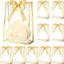 Aliceset 12 Pcs Clear Plastic Gift Bag with Die Cut Handles Reusable PP Favor Bag with Ribbon for Graduation Wedding Bridal Birthday Baby Shower Party Small Business, 7x10x3.15 Inch(Gold)