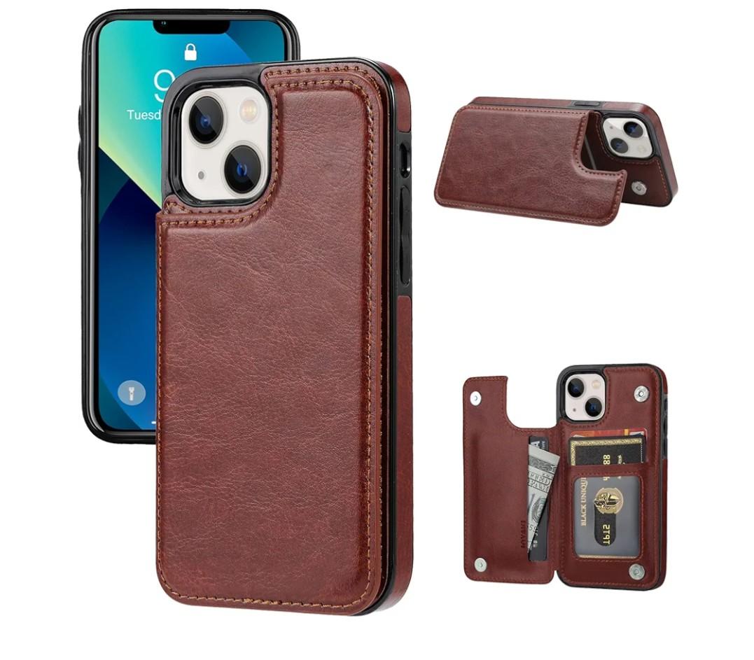 Wallet Case Compatible with iPhone 13,Slim Protective case with Card Holder,Premium PU Leather Kickstand Card Slots Case with a Screen Protective Glass for iPhone 13(6.1")-Brown