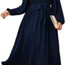 SCOMCHIC Women Plus Size Maxi Dress Long Sleeve Square Neck Wedding Guest Cocktail Belted Elegant Flowy A Line Long Dresses (Navy Blue, XL)