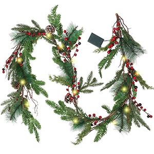 Winemana 6 FT Pre-lit Artificial Christmas Garland with 20 LED Lights, Battery Powered with Pine Cones, Red Berries, Pine Needles, Lighted Christmas Garlands for Fireplace Mantle Holiday Decorations