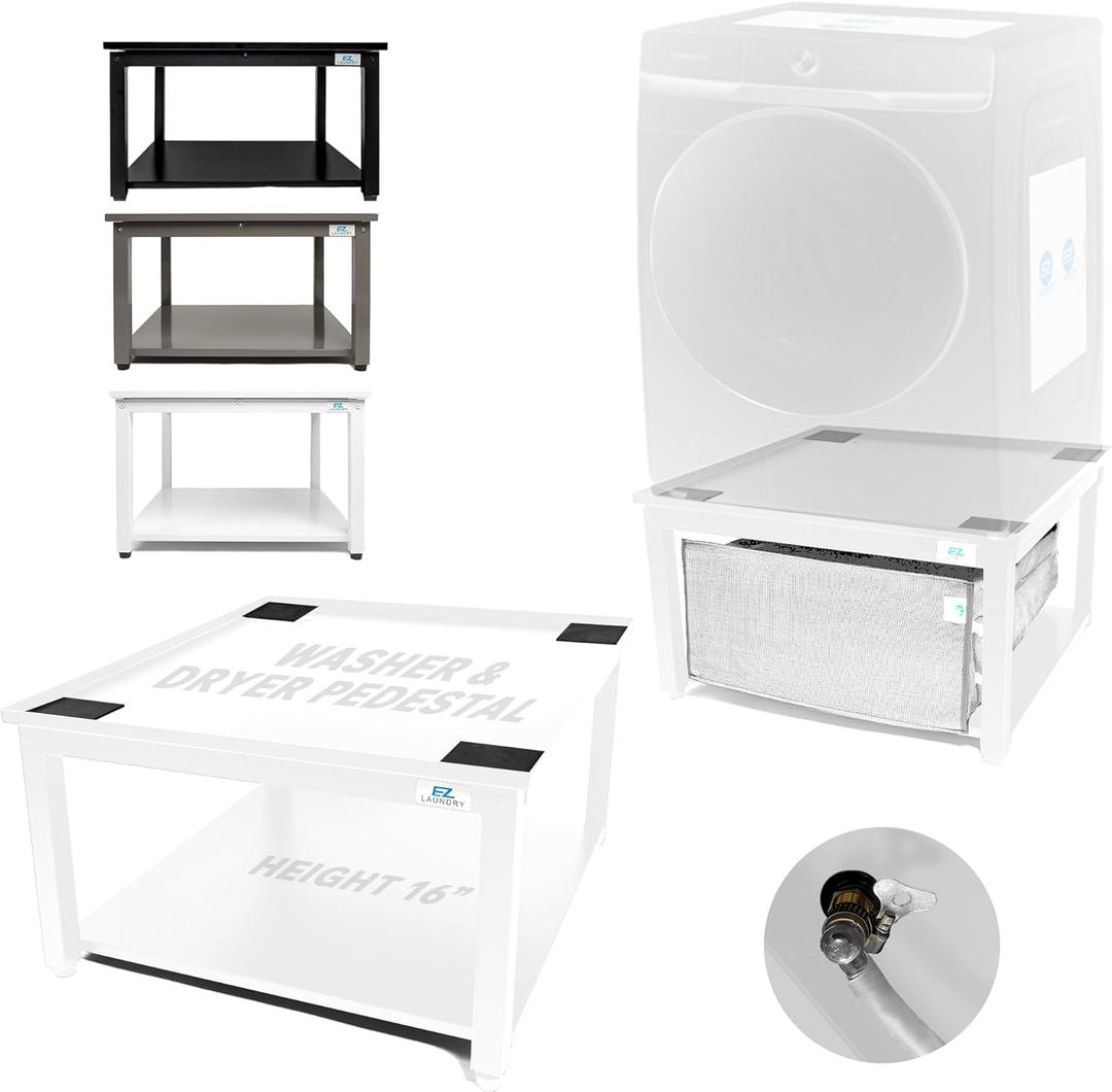 Washer and Dryer Pedestal - 27" W, 16" H, White Steel Universal Fit with Major Brands, Leak-Proof Laundry Pedestal with Drain Pan & Hose, Washer and Dryer Stand for Back Pain Relief, 800 lbs Capacity