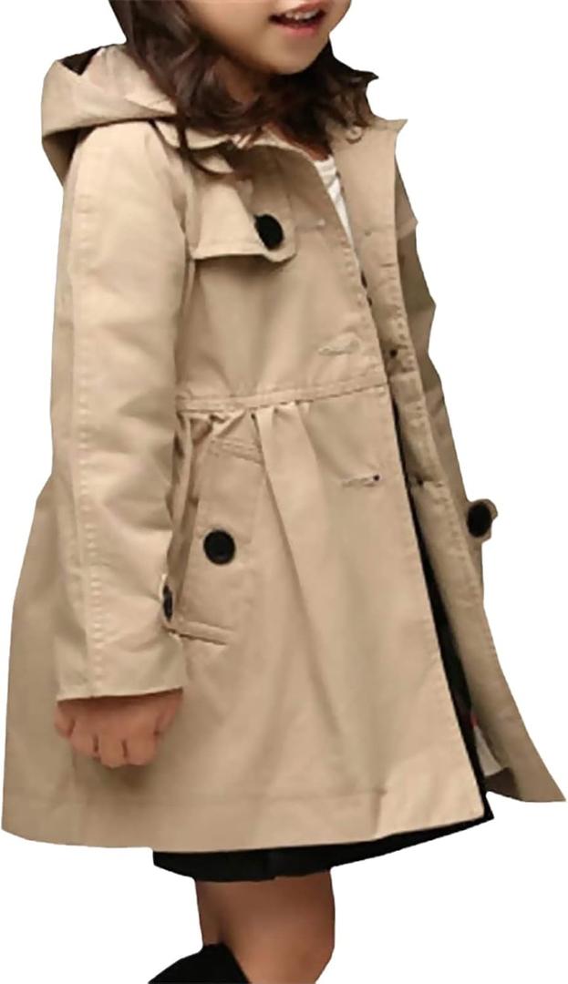 Little Girls Single Breasted Trench Coat Dress Outerwear, , Khaki, 11-12 Years = Tag 160