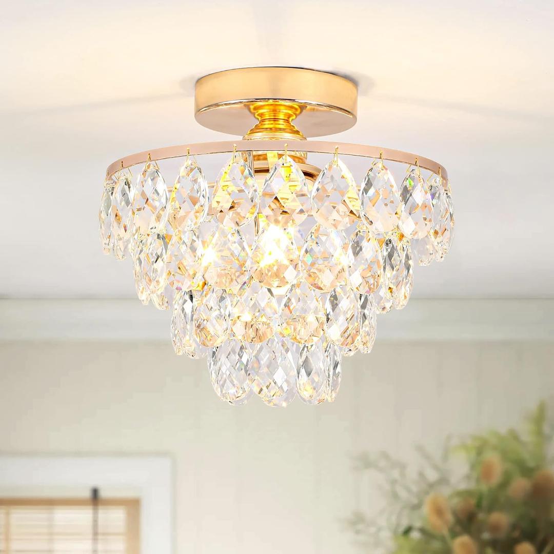 Luupyia Gold Crystal Chandelier Small, Mini Ceiling Light Modern Flush Mount Crystal Chandelier Hallway Overhead Light Fixtures Ceiling for Hallway Bedroom Hall Living Room E26