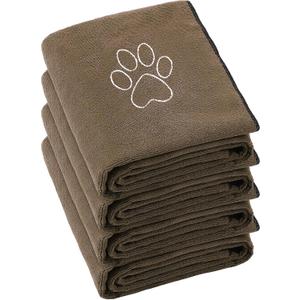 Chumia 4 Pack Dog Towels for Drying Large Microfiber Grooming Tools Absorbent Soft Bath Supplies with Embroidered Paw for Small Medium Pet Products(16 x 32 Inch,Brown)