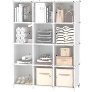 AWTATOS Cube Storage Closet Organizer 12 Cube Storage Shelves with Doors Closet Organizers and Storage Stackable Clothes Organizer for Bedroom, Home Office, White