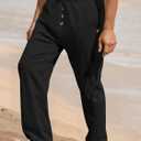 Mens Cotton Linen Pants Casual Summer Vacation Baggy Beach Pants Buttoned Elastic Waist Drawstring Yoga Trousers with Pockets Black (Black, XXL)