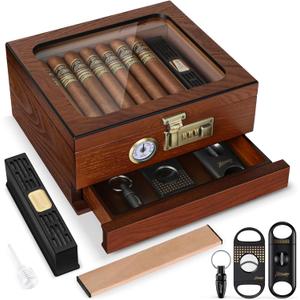 Tesonway  Humidor, Cedar Wood Humidor Box, Glass Top Desktop Humidor with Front Hygrometer, Humidifier, Divider, Accessories Drawer and Combination Lock, Gifts for Men (Brown)