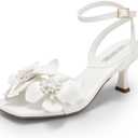 DREAM PAIRS Women's Flower Wedding Heels Cute Square Toe Slingback Low Kitten Heels Sandals with Ankle Strap (6, White-pu)