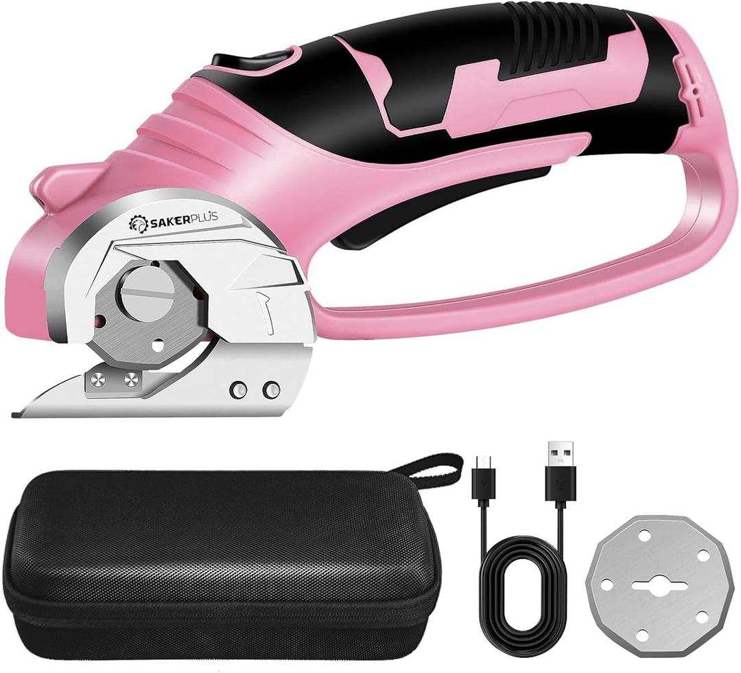 4V Cordless Electric Scissors, Rechargeable Box Cutter & Cardboard Cutter with LED Light, Rotary Cutter for Fabric, Leather, Carpet, Plastic, Crafting, Sewing with Storage Box -Pink