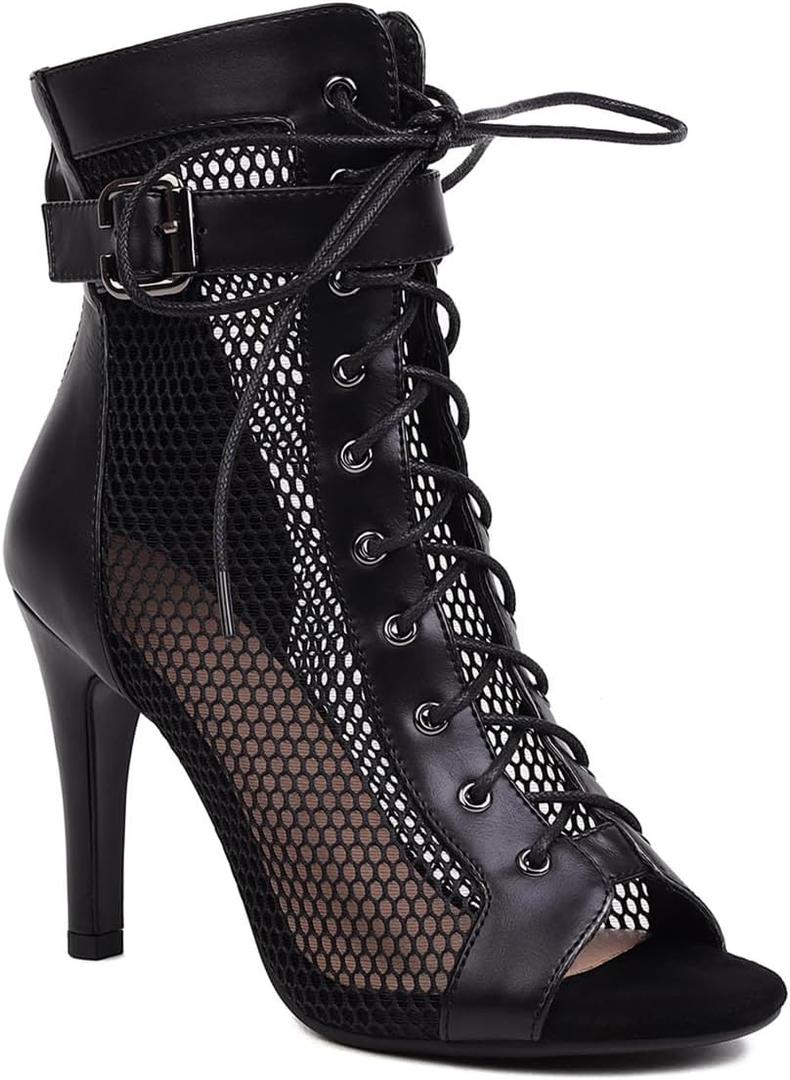 UTIKLIOU Women's Mesh Sandals Peep Toe High Top Sandals Lace Up Summer Boots Buckle Strap Party Sexy Pump Shoes Open toe (8, Black)